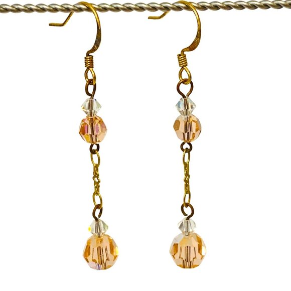 Vintage-Style Crystal Bead Drop Earrings – Gold & Light Pink - Picture 1 of 4